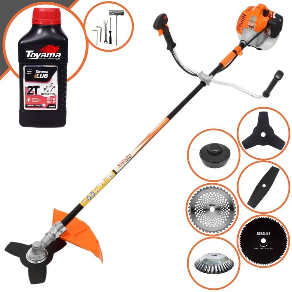 Roçadeira Vulcan VR520-H À Gasolina 52cc 2,5HP Completa Com 6 Opções de Cortes, Carretel Nylon + Kit 4 Facas + Escova de Aço Circular + ÓLEO TOYAMA 2T
