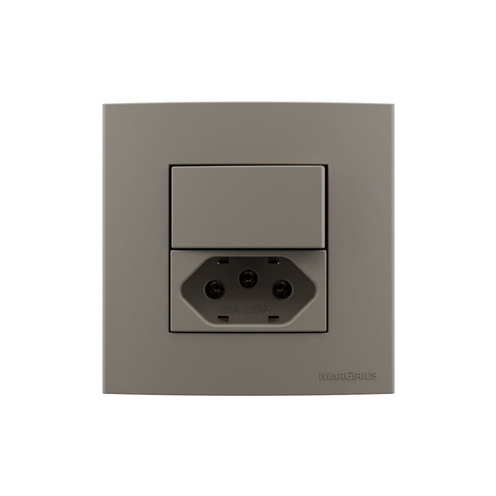 Placa para Móveis 80x80 com Interruptor Simples 10A e Tomada 2P+T 20A MarGirius Sleek Colors Argila