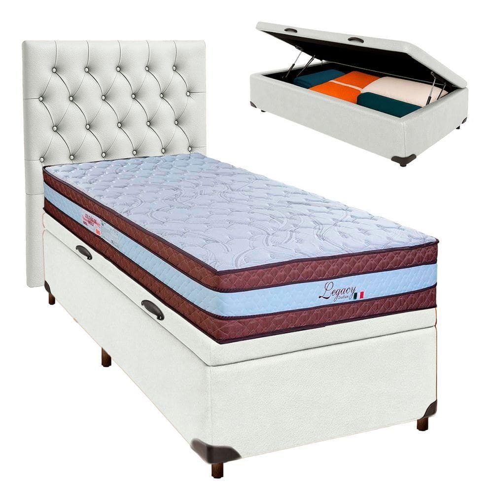 Cama Box Bau + Colchão Solteiro Molas Ensacadas Legaccy Paropas + Cabeceira Estofada