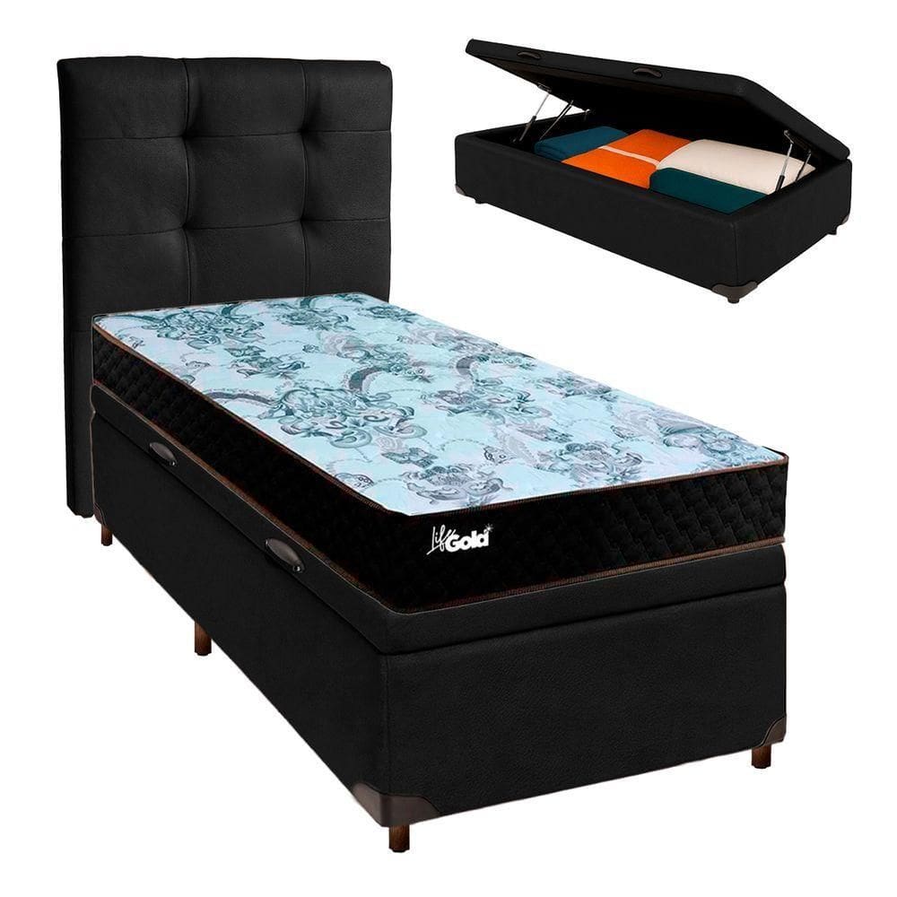 Cama Box Bau + Colchão Solteiro Molas Ensacadas Life Gold Paropas + Cabeceira Estofada