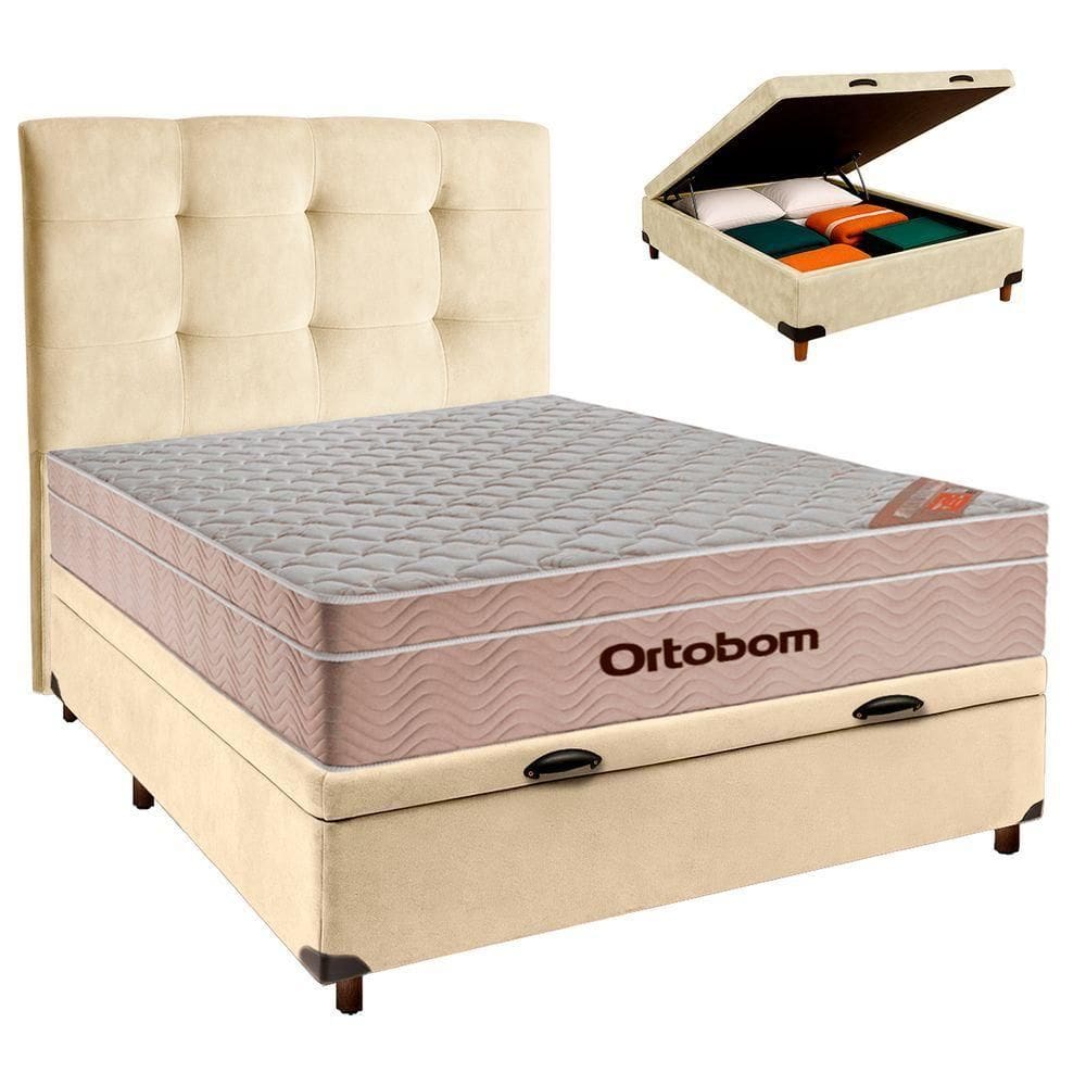 Conjunto Cama Box Bau Perola Casal + Colchão Molas Ensacadas Airtech Ortobom + Cabeceira