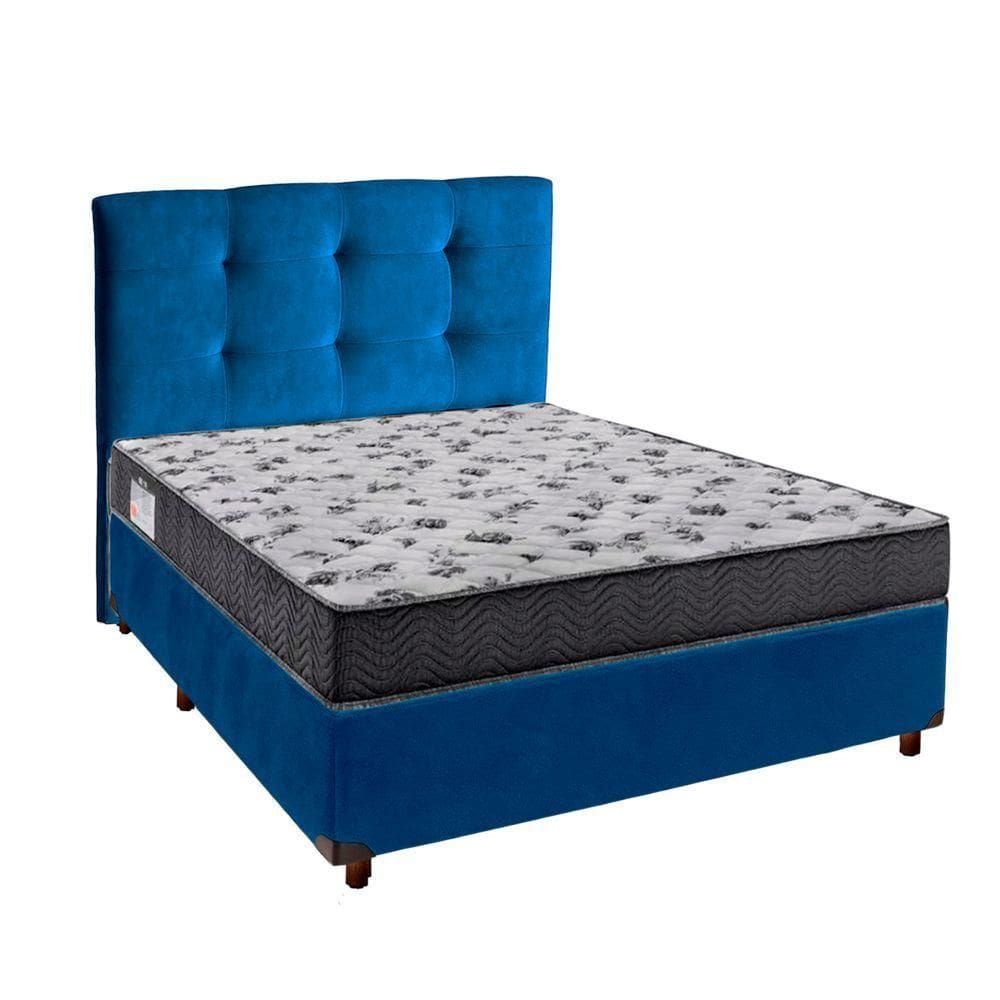Conjunto Cama Box Azul Casal + Colchão D33 Iso100 Ortobom + Cabeceira