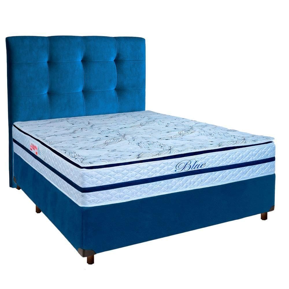 Conjunto Cama Box Azul Casal + Colchão Molas Ensacadas Blue Paropas + Cabeceira