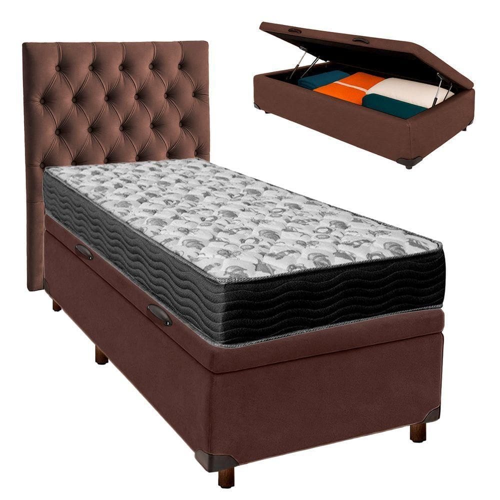 Conjunto Cama Box Bau Blindado Solteiro + Colchão D33 Iso100 Ortobom + Cabeceira