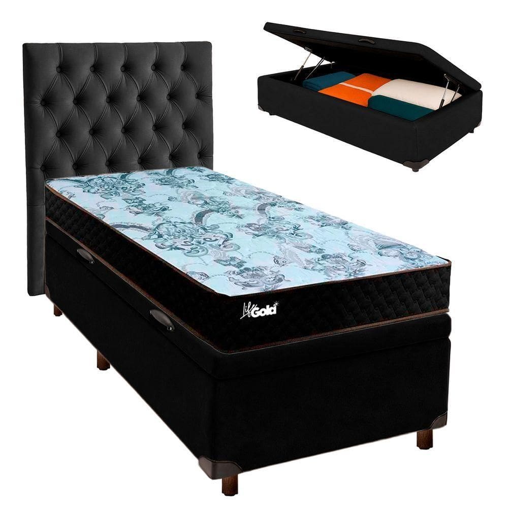 Cama Box Bau + Colchão Solteiro Molas Ensacadas Life Gold Paropas + Cabeceira Estofada