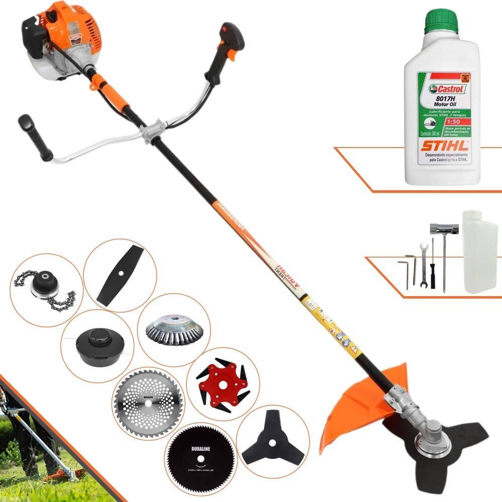 Roçadeira Vulcan VR520H 52cc Com Carretel + Facas 2 Pontas, 3 Pontas, 6 Pontas, 40 Dentes de Vídea, 80 Dentes, Trimmer, Escova de Aço + ÓLEO STIHL 2T