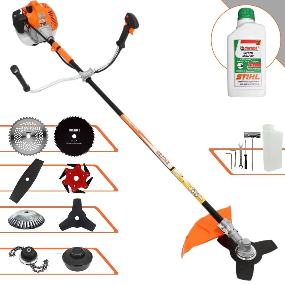 Roçadeira Vulcan VR520H 52cc 2,5HP + Facas 2 Pontas, 3 Pontas, 6 Pontas, 40 Dentes, 80 Dentes, Trimmer, Carretel Nylon, Escova de Aço + ÓLEO STIHL 2T