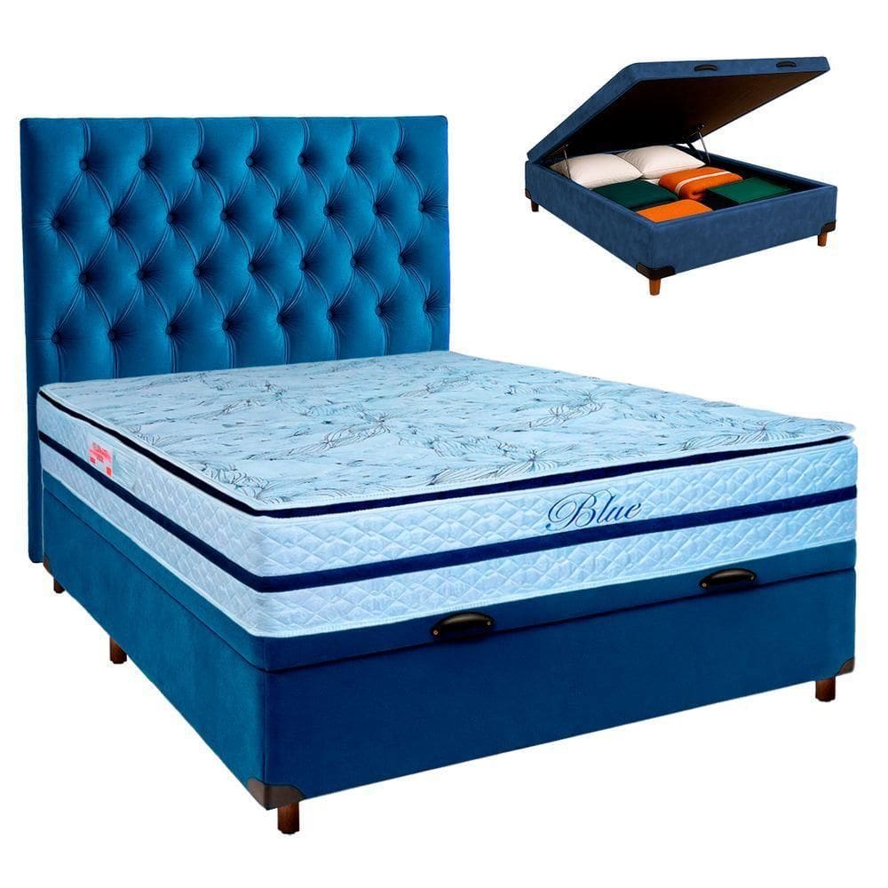 Kit Cama Box Bau + Cabeceira + Colchão Casal Molas Ensacadas - Blue - Paropas