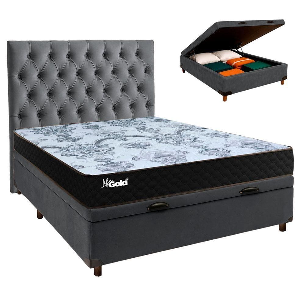 Kit Cama Box Bau + Cabeceira + Colchão Casal Molas Ensacadas - Life Gold - Paropas