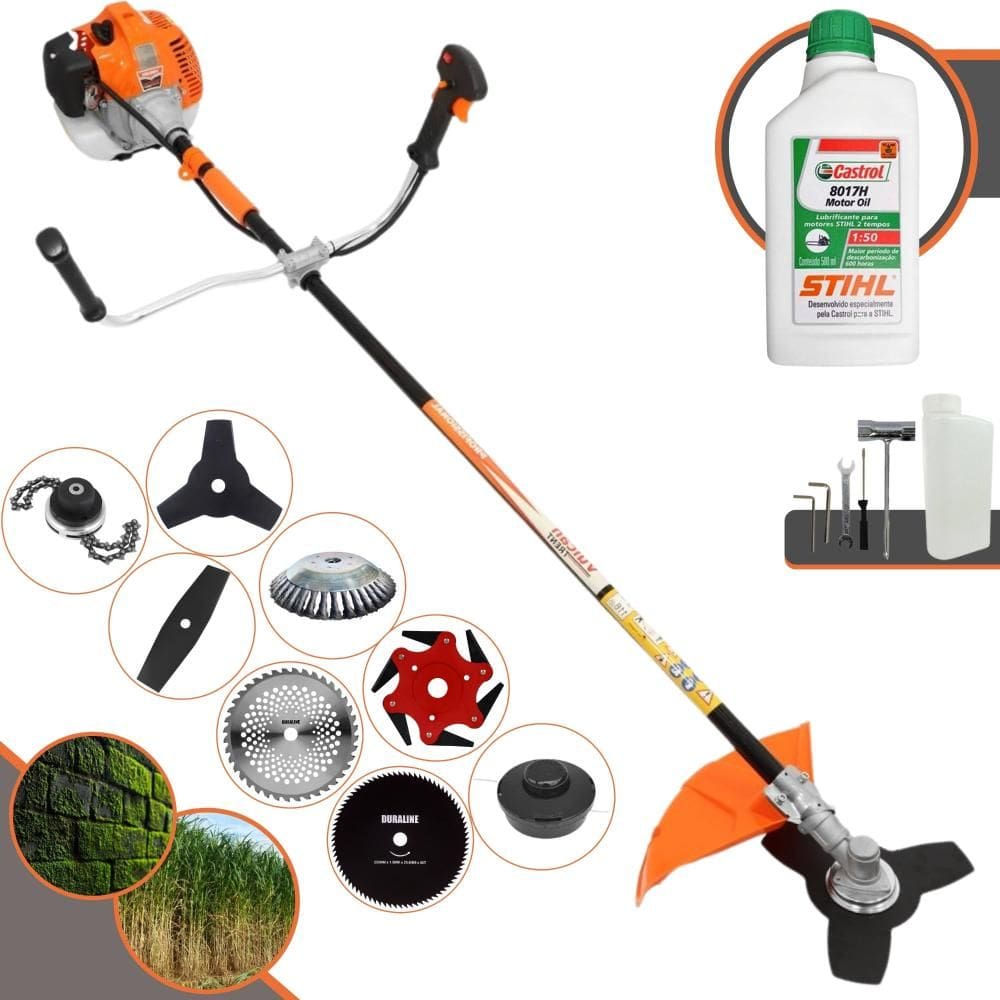 Roçadeira Profissional Vulcan VR520H À Gasolina 2T 52cc 2,5HP de Potência Alta Rotação Com Carretel de Nylon + Kit 7 Opções de Cortes + ÓLEO STIHL