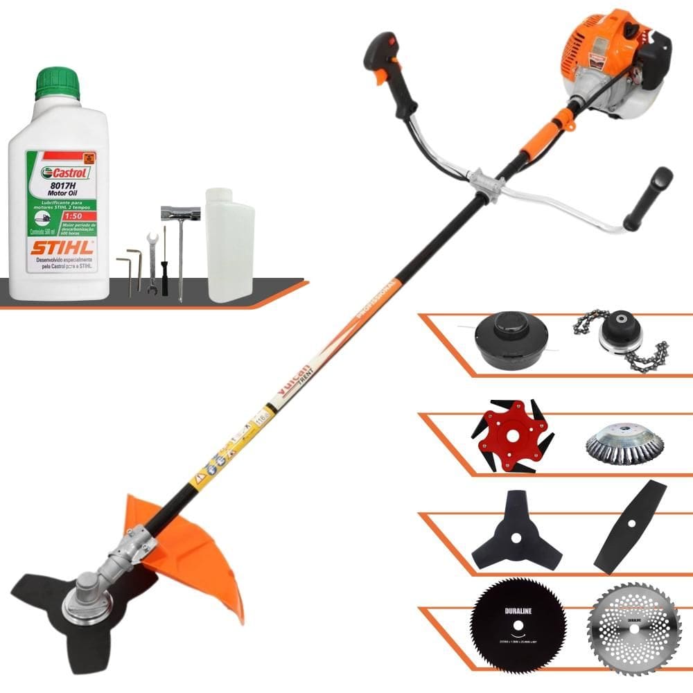 Roçadeira Vulcan VR520H 52cc 2,5HP Com Carretel + Facas 2 Pontas, 3 Pontas, 6 Pontas, 40 Dentes, 80 Dentes, Trimmer, Escova de Aço + ÓLEO STIHL 2T