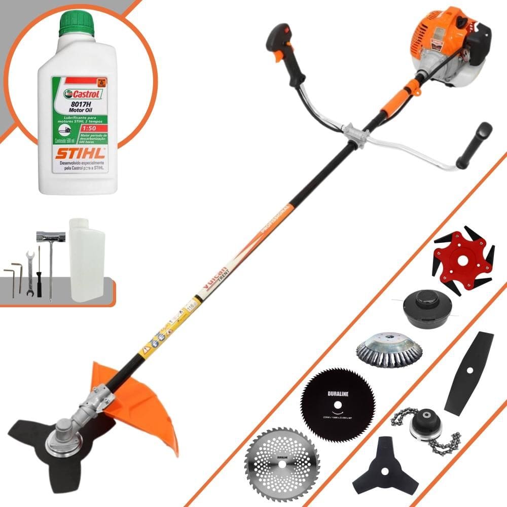 Roçadeira Robusta Vulcan VR520-H À Gasolina 52cc 2,5HP Para Todos os Tipos de Trabalho Com Carretel de Nylon + Kit de 7 Opções de Cortes + ÓLEO STIHL
