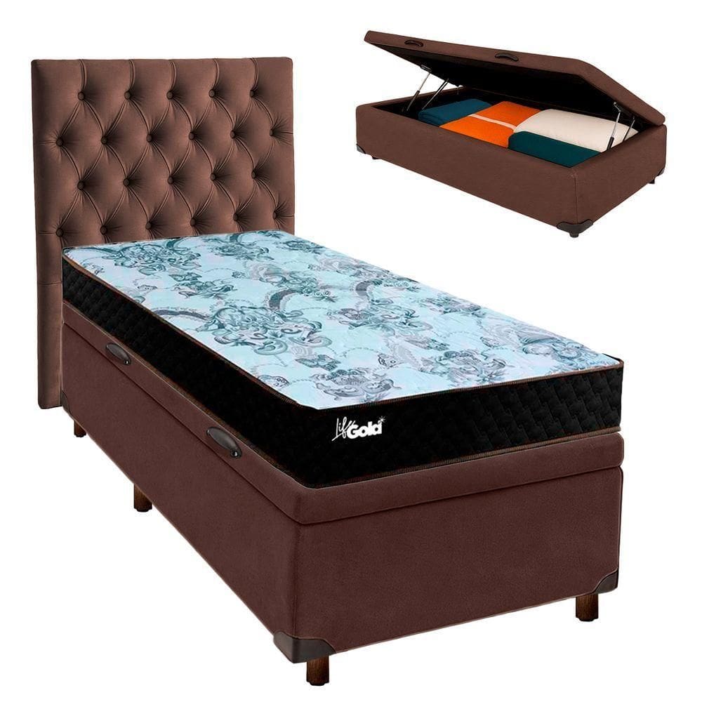 Kit Cabeceira + Cama Box Bau + Colchão Solteiro Molas Ensacadas Life Gold Paropas