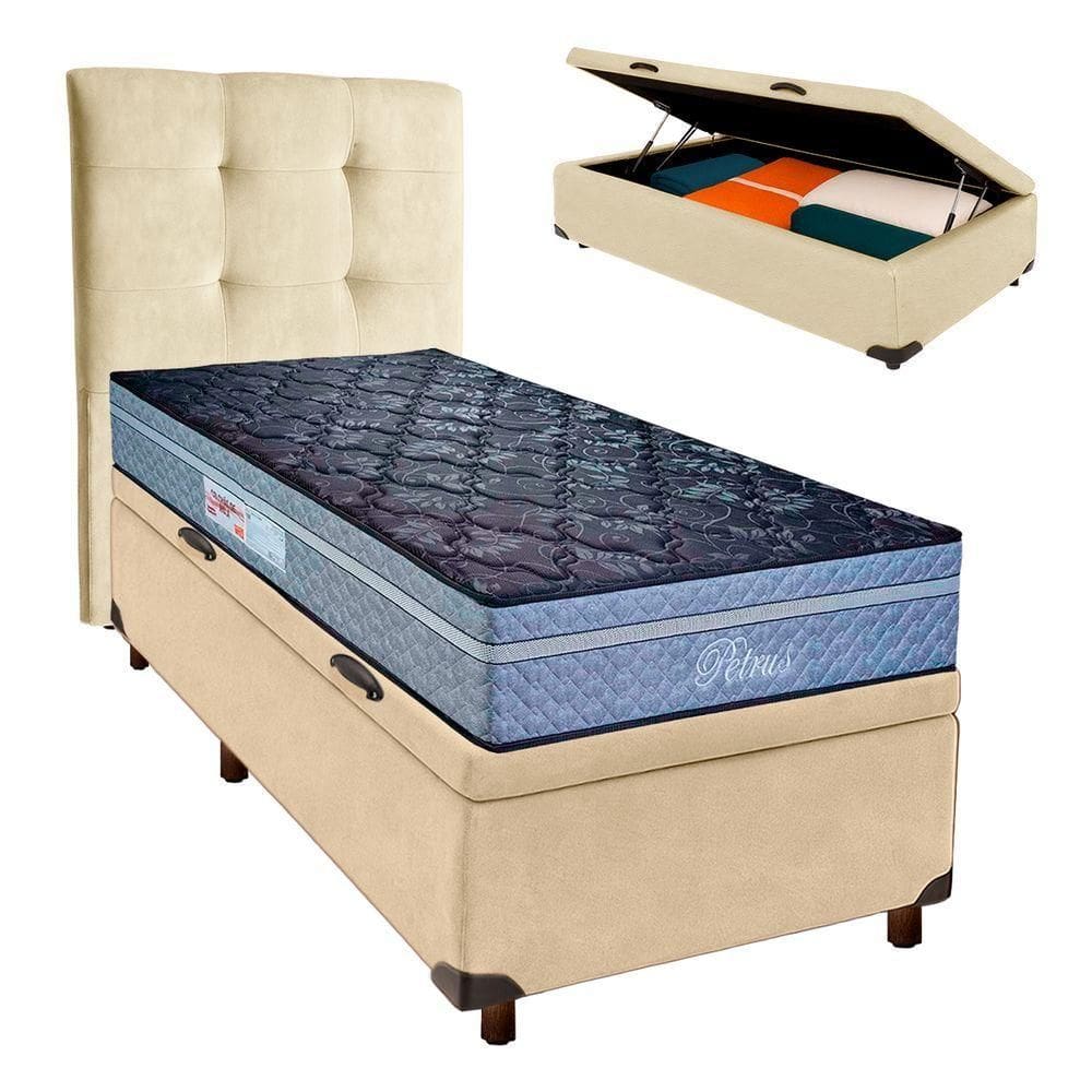 Cama + Bau Perola E Colchão Molas Ensacadas Solteiro - Petrus Paropas + Cabeceira