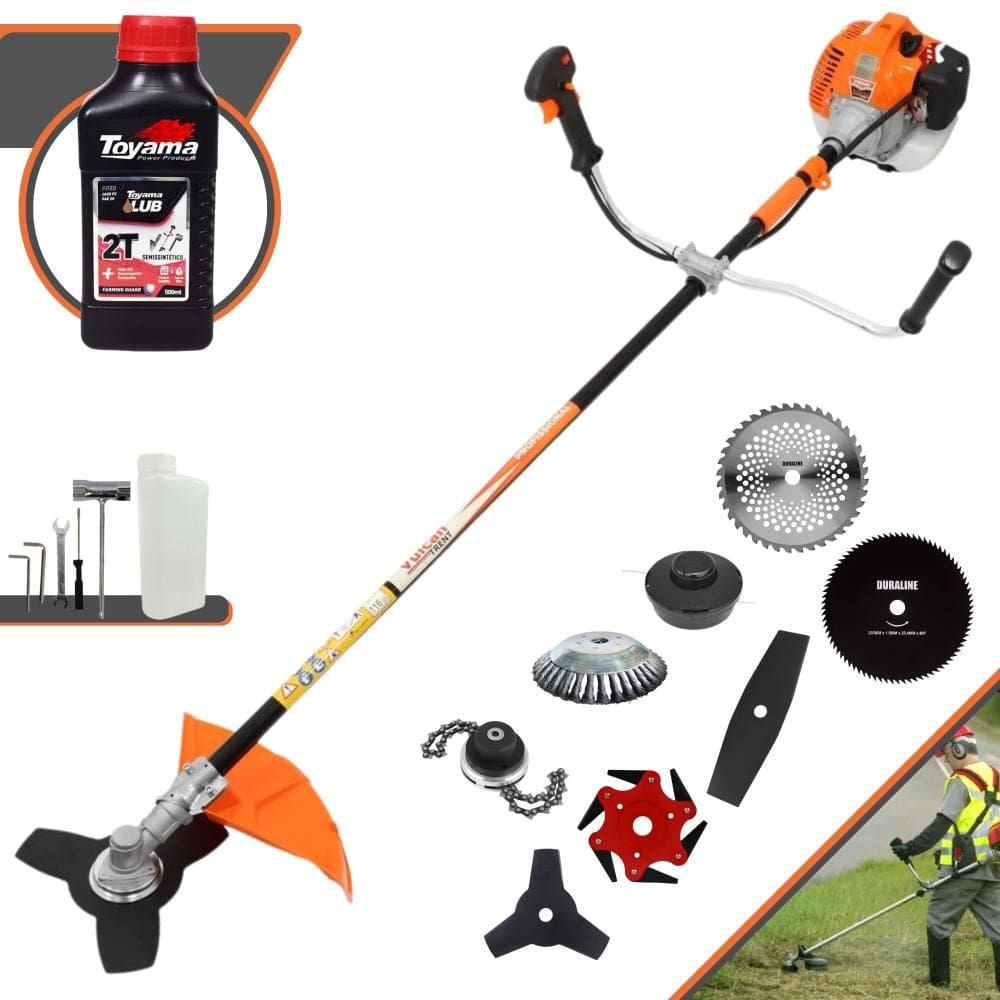 Roçadeira Profissional Vulcan VR520-H À Gasolina 52cc Para Todos os Tipos de Trabalho Com Carretel de Nylon + Kit 7 Lâminas de Cortes + ÓLEO TOYAMA
