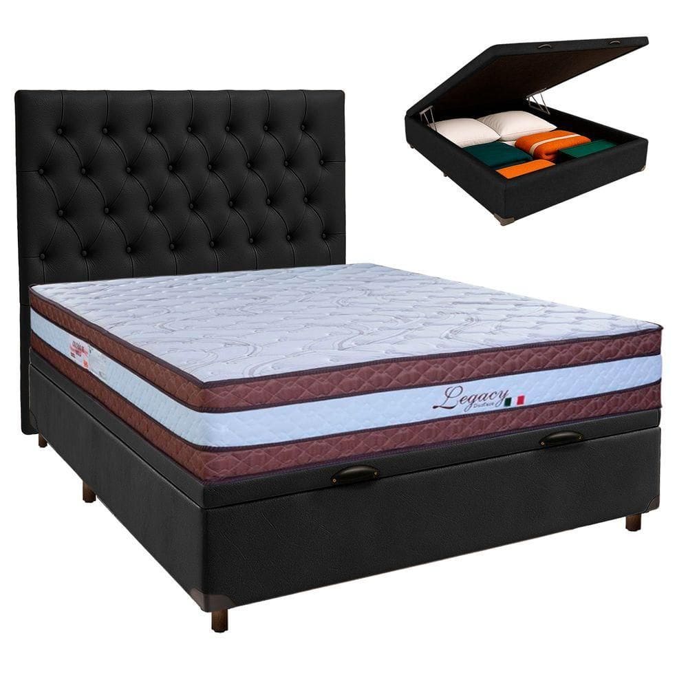Cama Box Bau + Colchão Casal Molas Ensacadas Legaccy Paropas + Cabeceira Estofada