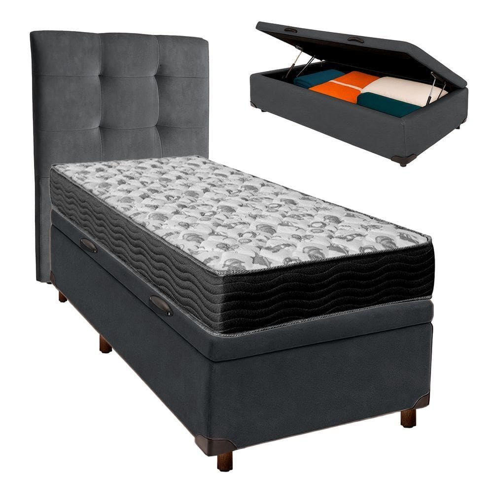 Cama Box Bau + Colchão Solteiro Ortobom D33 Iso100 + Cabeceira Estofada