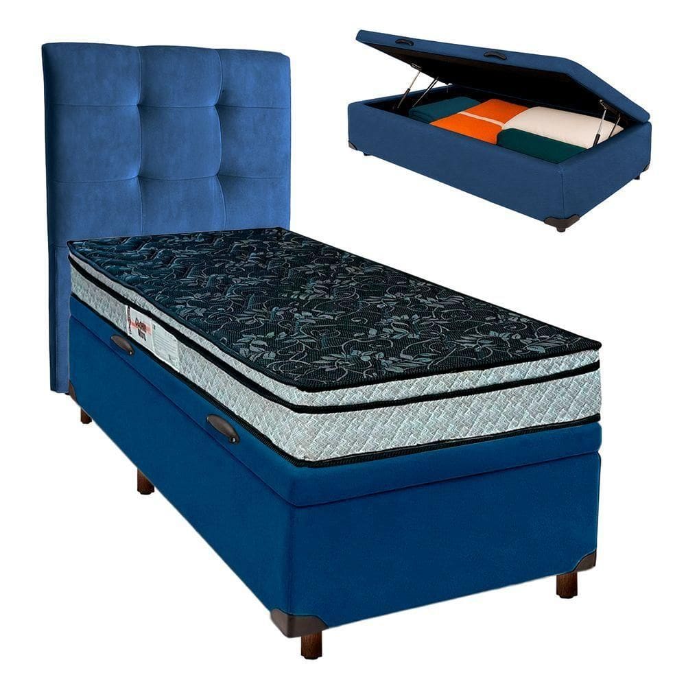 Cama Box Bau + Colchão Solteiro D28 Conforto Paropas + Cabeceira Estofada