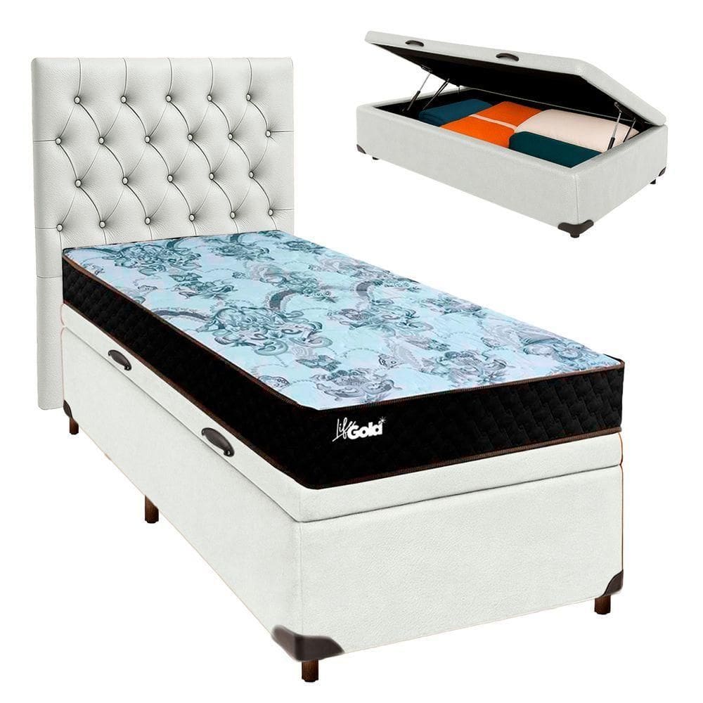 Conjunto Cama Box Bau Branco Solteiro + Colchão Molas Ensacadas Life Gold Paropas + Cabeceira