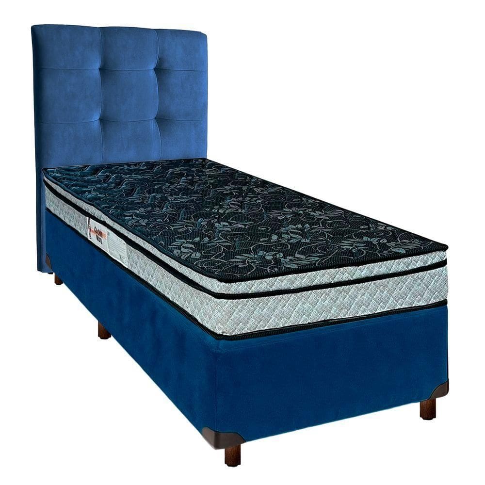 Conjunto Cama Box Azul Solteiro + Colchão D28 Conforto Paropas + Cabeceira