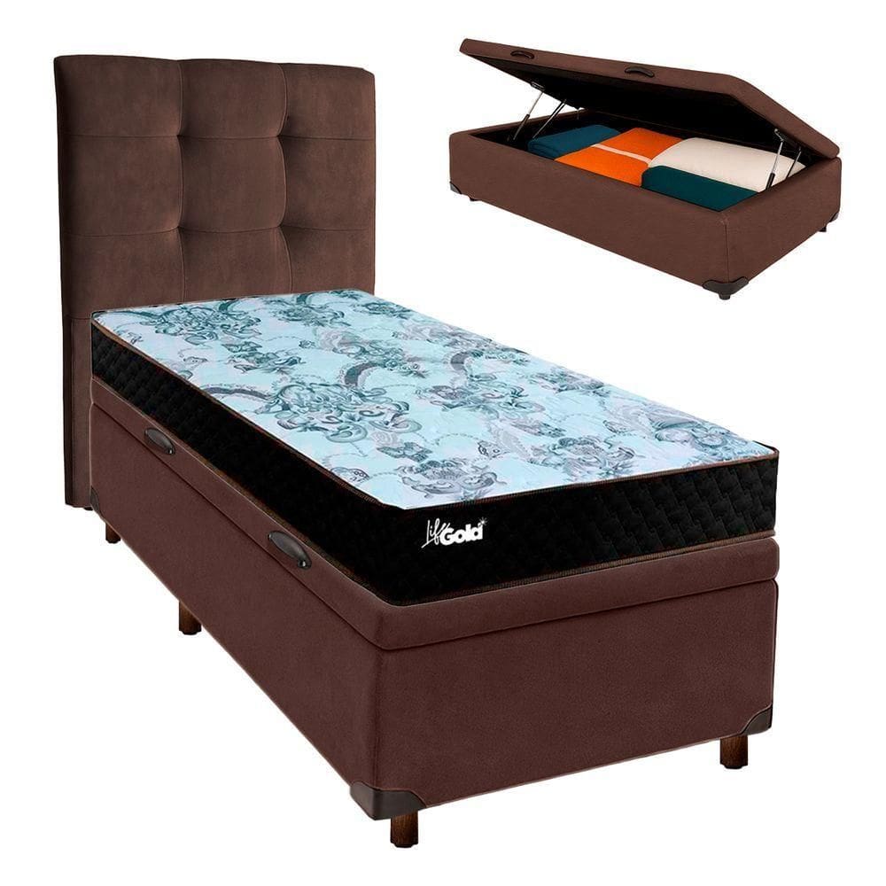 Conjunto Cama Box Bau Blindado Solteiro + Colchão Molas Ensacadas Life Gold Paropas + Cabeceira
