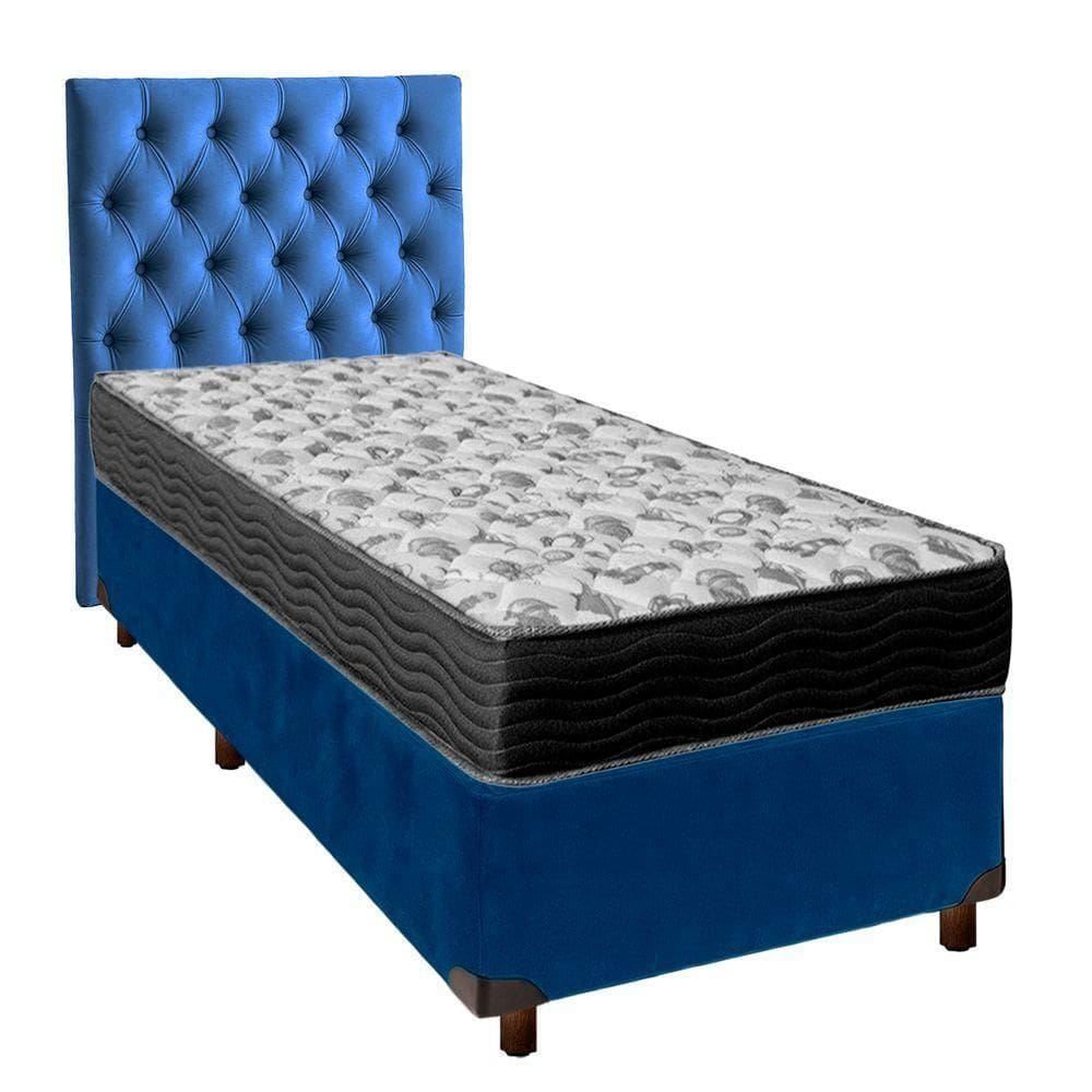 Conjunto Cama Box Azul Solteiro + Colchão D33 Iso100 Ortobom + Cabeceira
