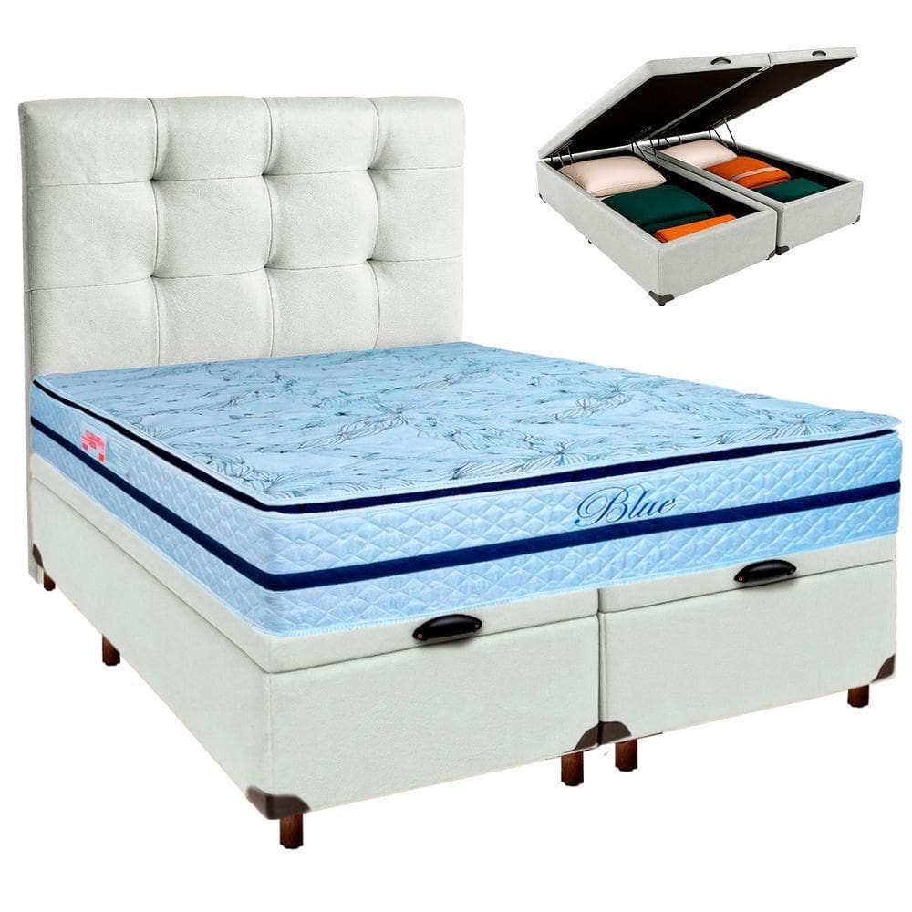 Conjunto Cama Box Bau Blindado Queen + Colchão Molas Ensacadas Blue Paropas + Cabeceira
