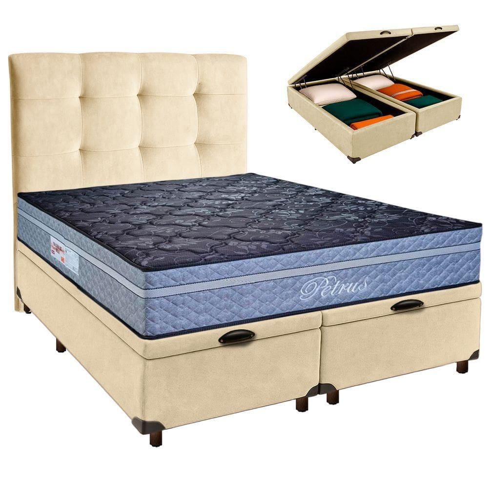 Conjunto Cama Box Bau Blindado Queen + Colchão Molas Ensacadas Petrus Paropas + Cabeceira
