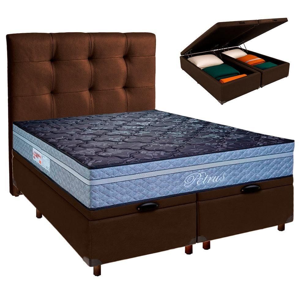 Conjunto Cama Box Bau Blindado Queen + Colchão Molas Ensacadas Petrus Paropas + Cabeceira