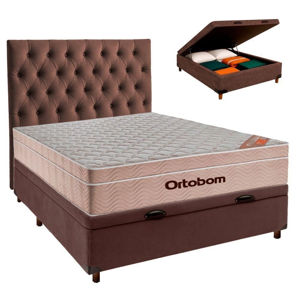 Cama Box Bau + Colchão Casal Ortobom Molas Ensacadas Airtech + Cabeceira Estofada