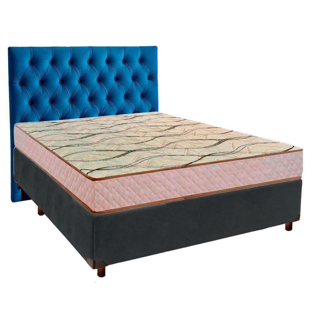 Conjunto Cama Box Azul Casal + Colchão D33 Maxsono Paropas + Cabeceira