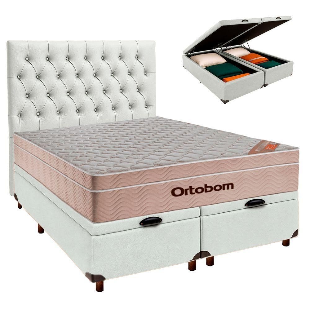 Cama Box Bau + Colchão Queen Ortobom Molas Ensacadas Airtech + Cabeceira Estofada