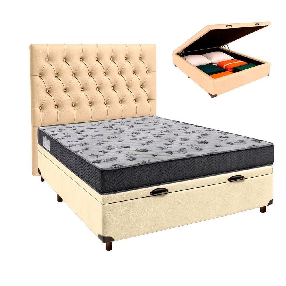Conjunto Cama Box Bau Bege Casal + Colchão D33 Iso100 Ortobom + Cabeceira