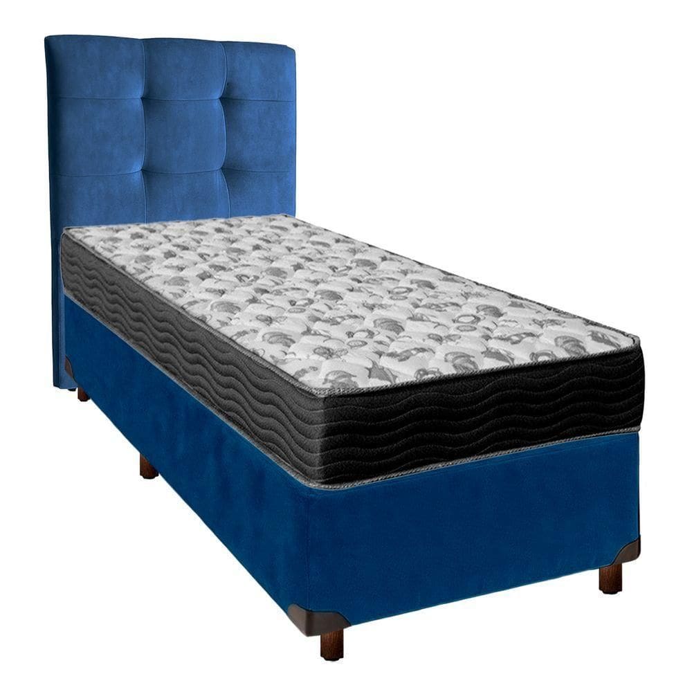 Conjunto Cama Box Azul Solteiro + Colchão D33 Iso100 Ortobom + Cabeceira