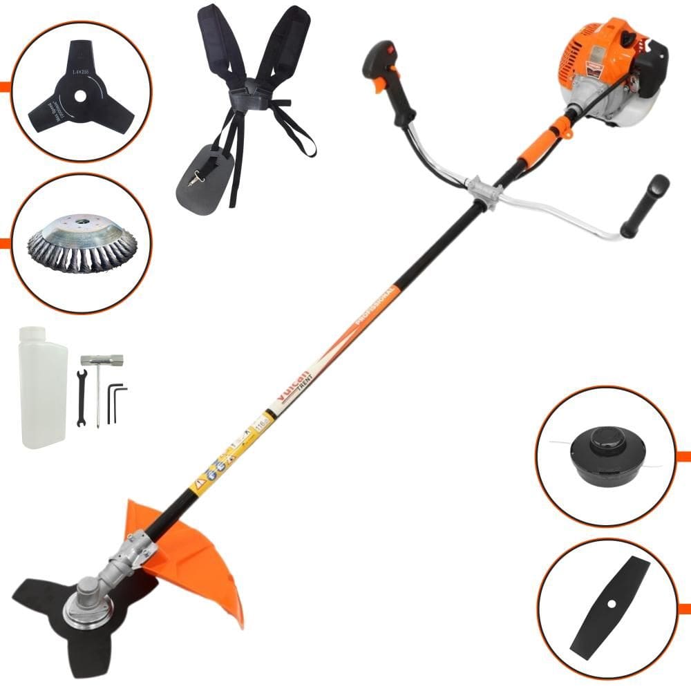 Podador de Grama Completo Vulcan VR520H À Gasolina 2T 52cc 2,5HP 4 Opções de Corte Com Faca 2 Pontas, Faca 3 Pontas, Escova de Aço e Carretel de Nylon
