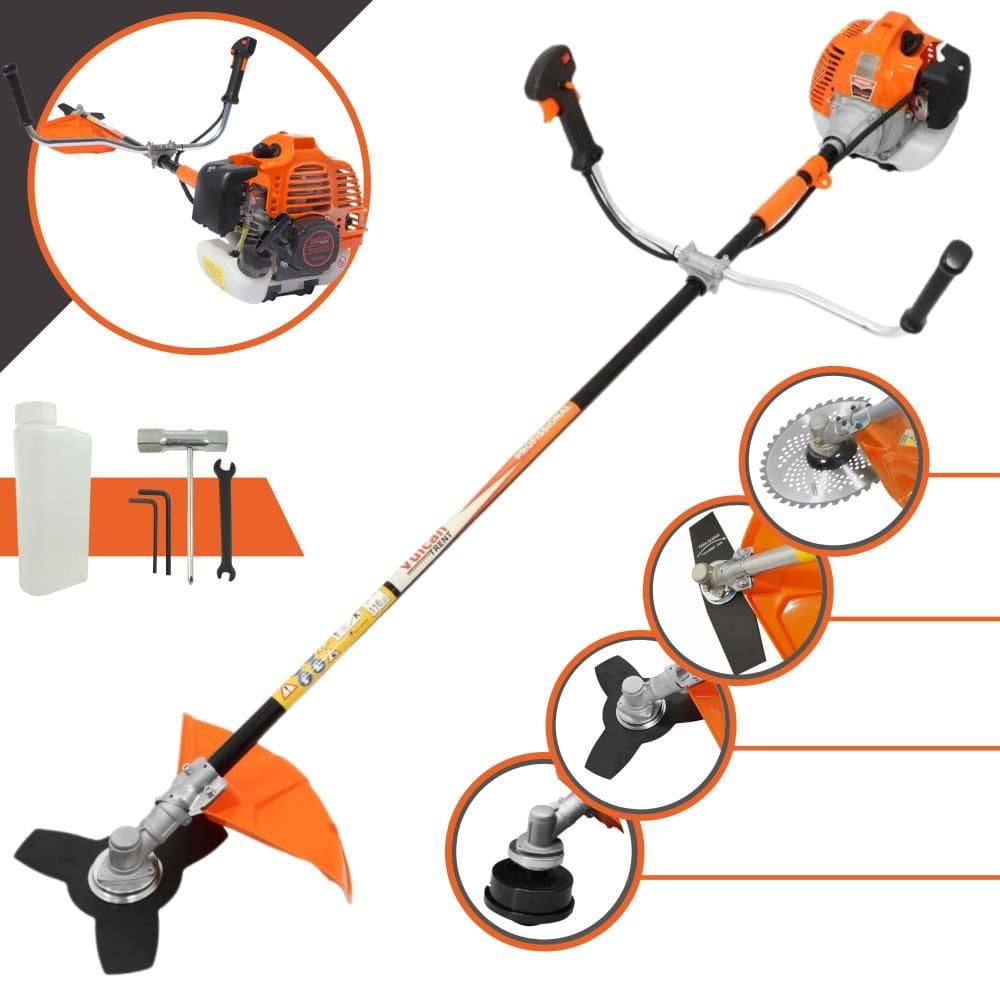 Roçadeira Robusta Vulcan VR520H À Gasolina 52cc 2,5HP 4 Opções de Corte Com Lâmina Facão, Lâmina 3 Pontas, Lâmina 40 Dentes Vídea e Carretel de Nylon