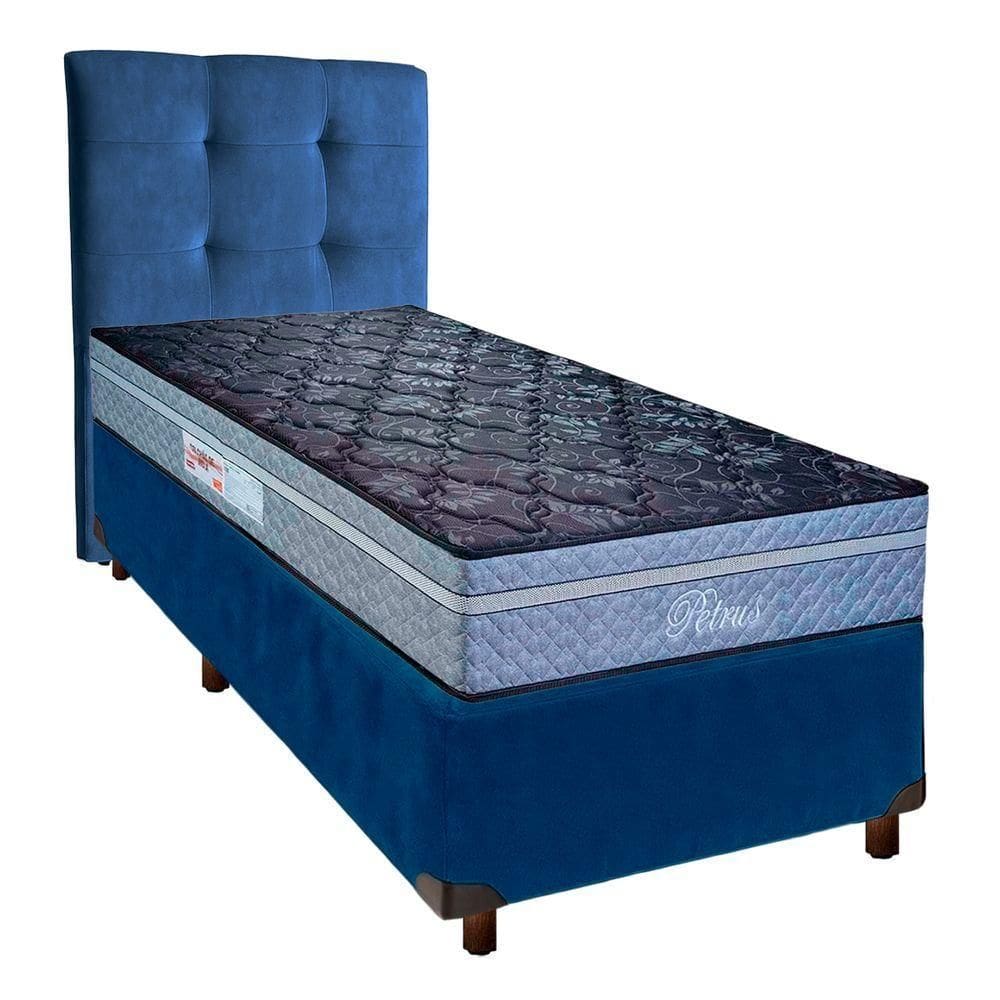 Cama + Box Azul E Colchão Molas Ensacadas Solteiro - Petrus Paropas + Cabeceira