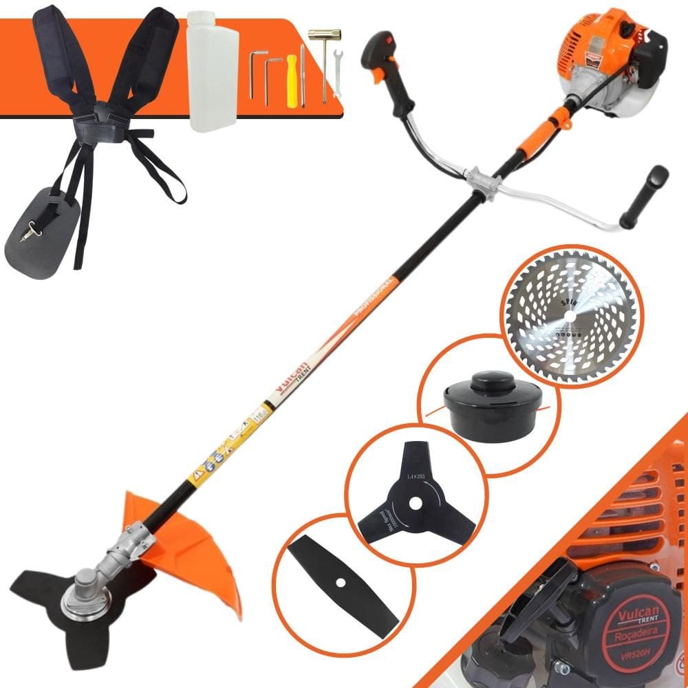 Cortador de Grama À Gasolina Vulcan VR520-H 52cc 2,5HP 2T Completa Com Carretel de Nylon + Faca 2 Pontas + Faca 3 Pontas + Faca 40 Dentes de Vídea
