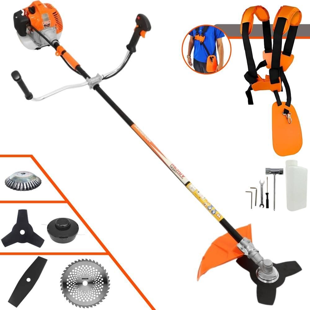 Roçadeira Vulcan VR520H À Gasolina 2T 52cc 2,5HP Com Carretel Nylon + Faca 2 Pontas + Faca 3 Pontas + Faca 40 Dentes Vídea + Escova de Aço Giratória