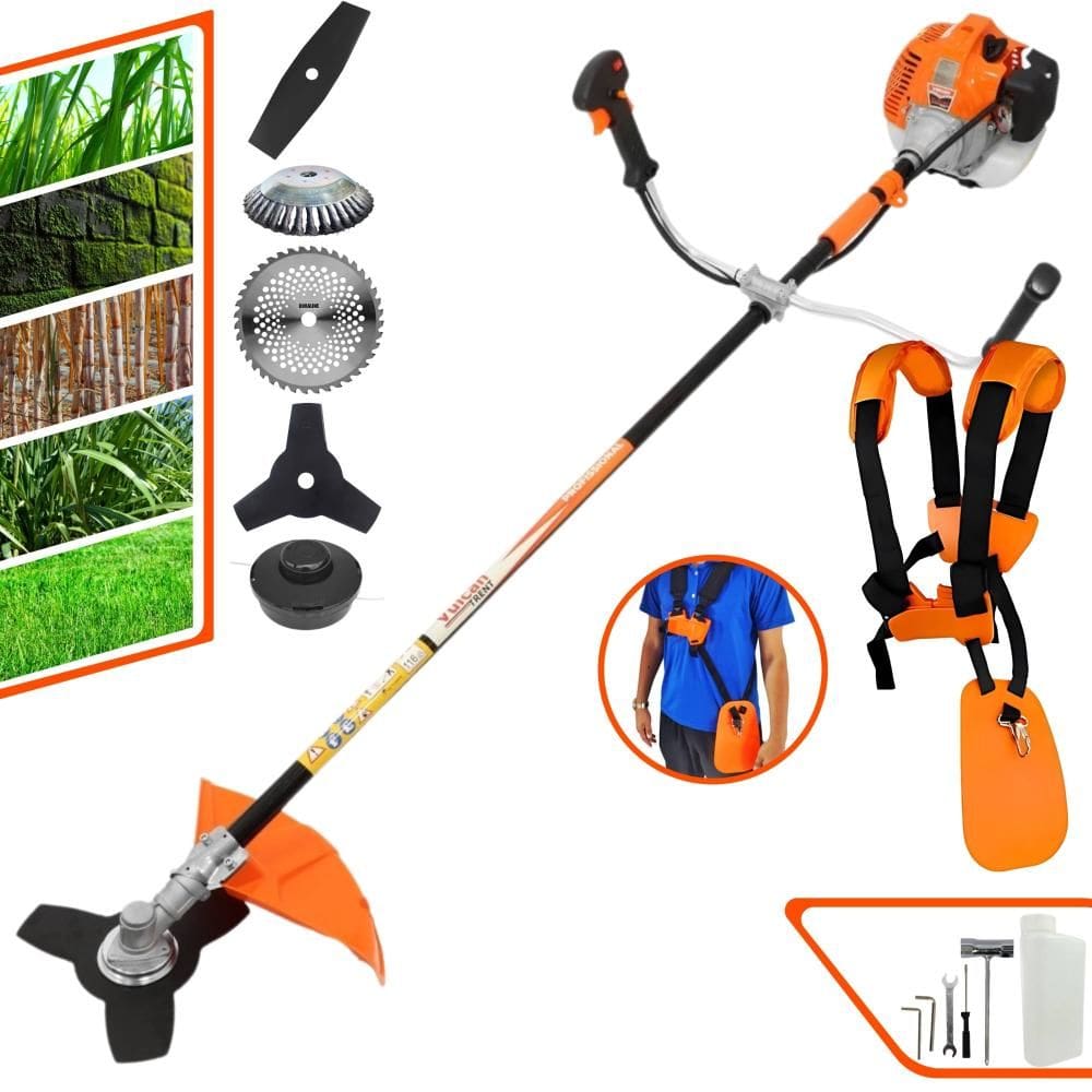 Roçadeira Robusta Vulcan VR520-H À Gasolina 2T 52cc 10.000rpm 2,5HP Com Kit 3 Lâminas de Corte, Carretel de Nylon e Escova de Aço Circular 38 Cerdas