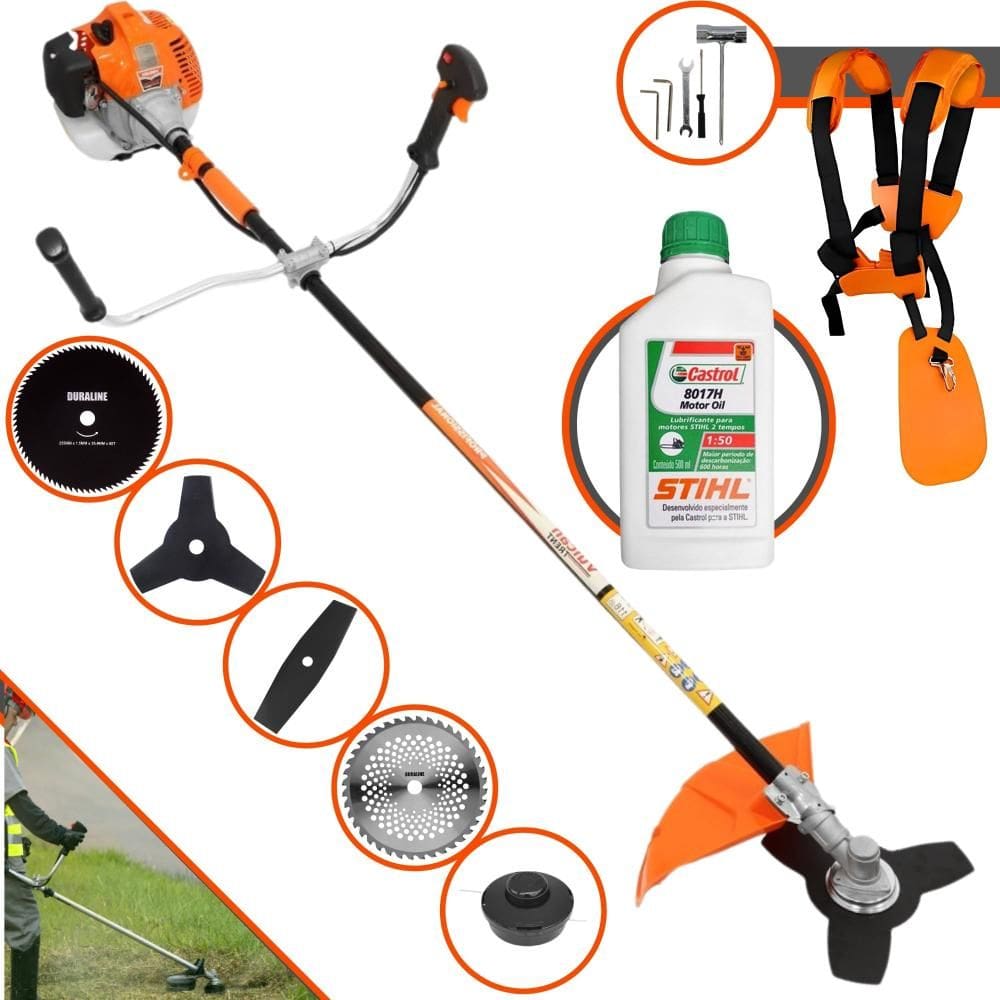 Roçadeira Cortador de Grama Lateral À Gasolina Vulcan VR520H 52cc 2,5HP Completa 5 em 1 Com Carretel Nylon + 4 Lâminas de Corte + ÓLEO STIHL 2 Tempos