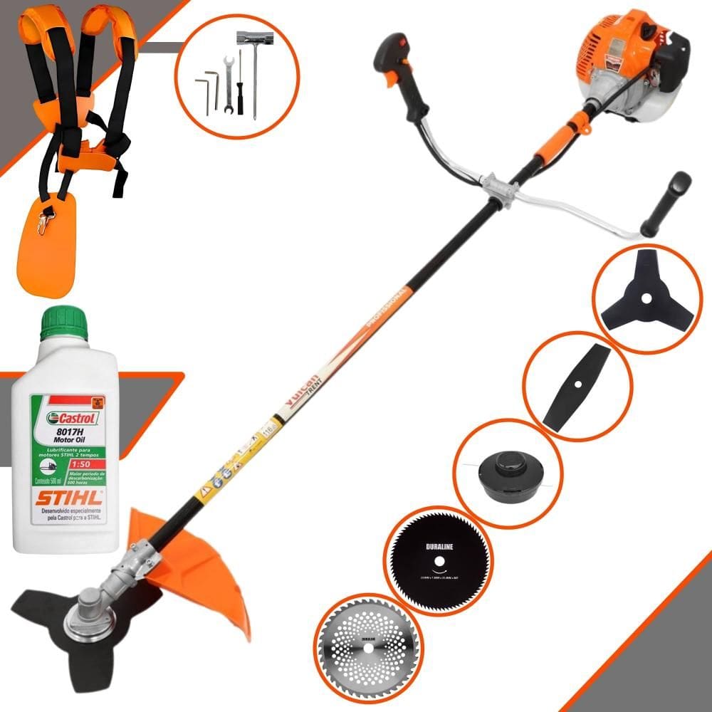 Roçadeira À Gasolina Vulcan VR520-H Multifunções 10.000rpm 52cc 2,5HP Completa Com 5 Opções de Cortes, Carretel Nylon e Kit 4 Facas + ÓLEO STIHL 8017