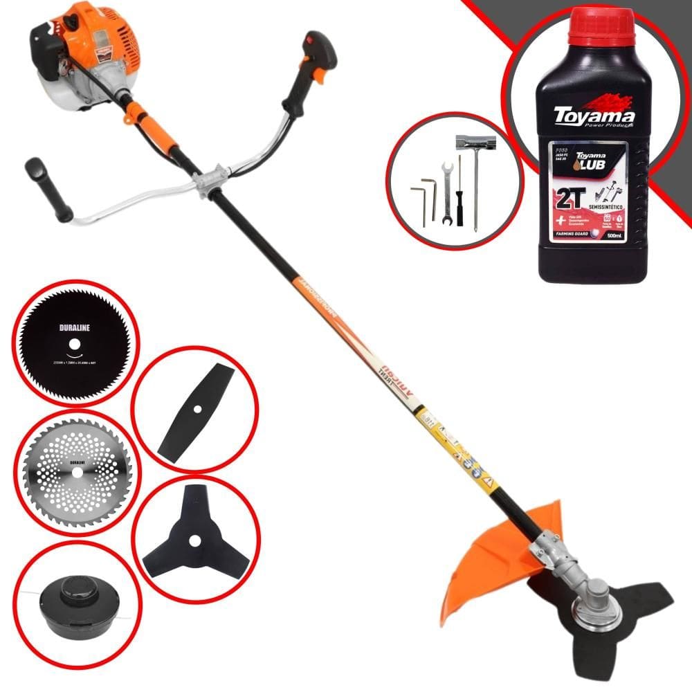 Roçadeira Vulcan KW52 À Gasolina 52cc 2,5HP Com Faca 2 Pontas + Faca 3 Pontas + Faca 40 Dentes + Faca 80 Dentes + Carretel de Nylon + ÓLEO TOYAMA 2T