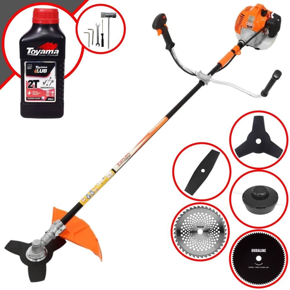 Roçadeira Máquina de Corta Grama À Gasolina Vulcan VR520-H 52cc 2,5HP 10.000rpm Multifuncional Completa Com 5 Opções de Cortes + ÓLEO TOYAMA 2 Tempos