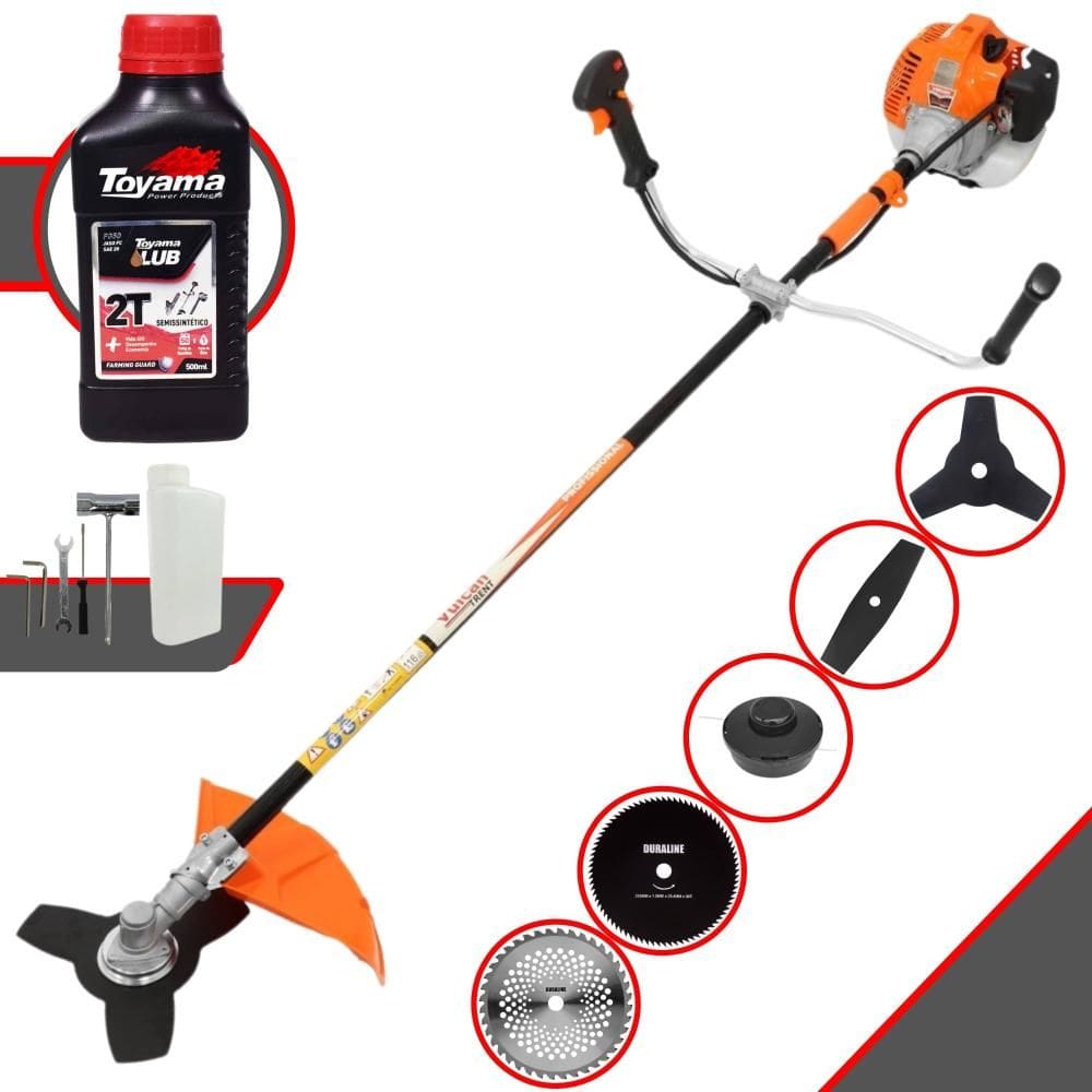 Roçadeira Multifuncional Vulcan VR520H À Gasolina 52cc 2,5HP 10.000rpm Completa 5 Em 1 Com Carretel + Kit 4 Lâminas de Corte + ÓLEO TOYAMA 2 Tempos
