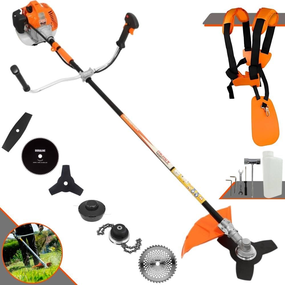 Roçadeira Robusta Vulcan VR520H À Gasolina 2T 52cc 2,5HP 6 Opções de Corte C/ Facas 2 Pontas, 3 Pontas, 40 Dentes, 80 Dentes, Trimmer e Carretel Nylon