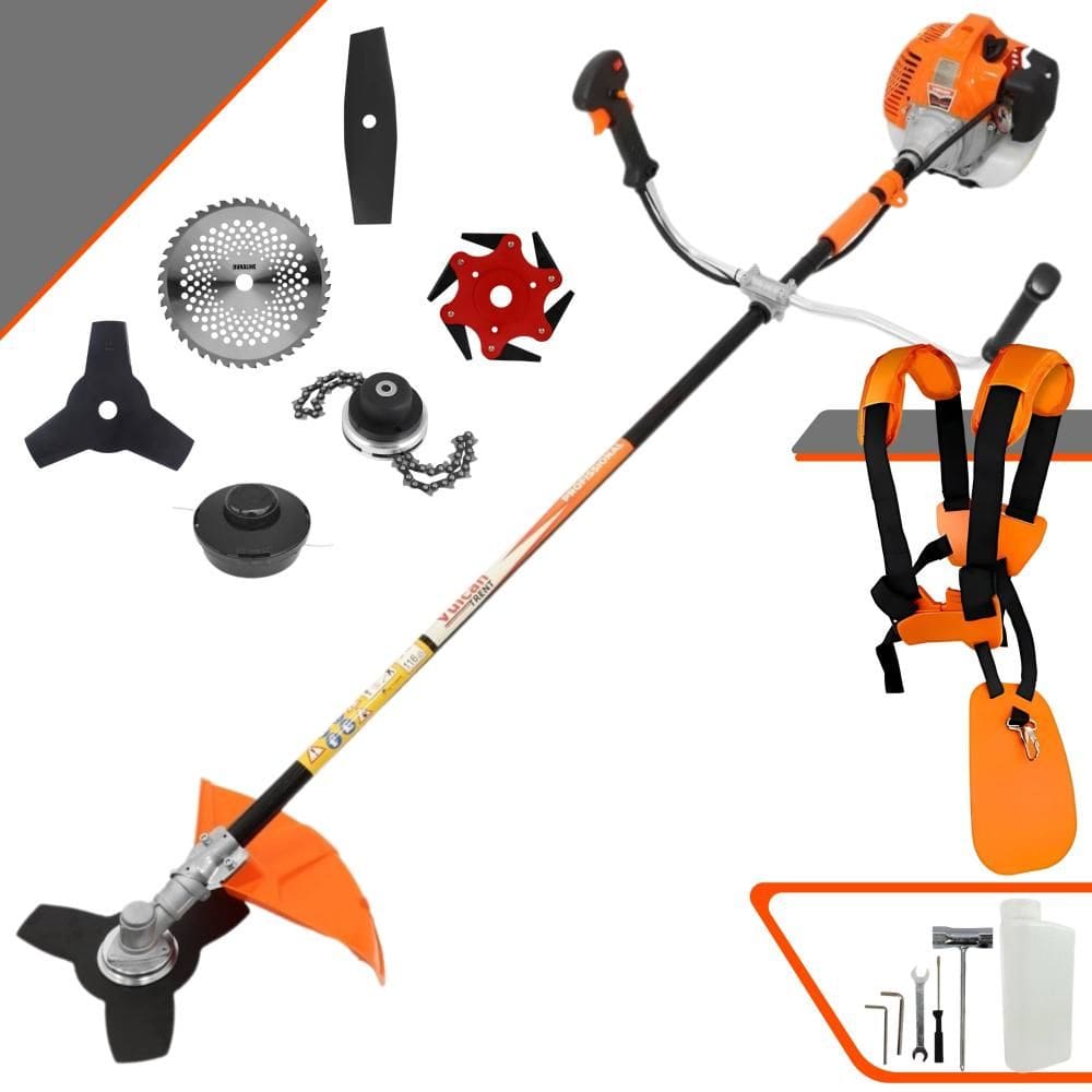 Roçadeira Profissional Completa Vulcan VR520-H À Gasolina 2 Tempos 52cc 2,5HP de Potência Alta Rotação Com Carretel de Nylon + Kit 5 Lâminas de Cortes