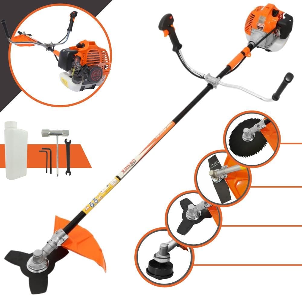 Roçadeira Multifunções Vulcan VR520H Motor 2 Tempos 52cc 10000rpm 2,5HP de Potência C/ Carretel Nylon e Faca 3 Pontas + Faca 2 Pontas + Faca 80 Dentes