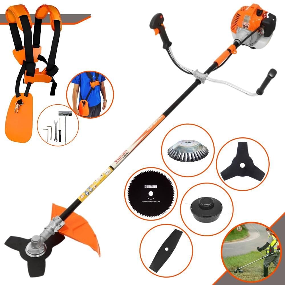 Roçadeira Robusta Vulcan VR520H À Gasolina 52cc 2,5HP 5 Opções de Corte Com Facas 2 Pontas, 3 Pontas, 80 Dentes, Escova de Aço e Carretel de Nylon