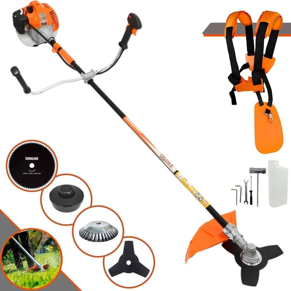 Roçadeira Profissional Vulcan VR520H À Gasolina 52cc 10000rpm 2,5HP 4 Opções de Corte C/ Faca 3 Pontas, Faca 80 Dentes, Escova de Aço e Carretel Nylon